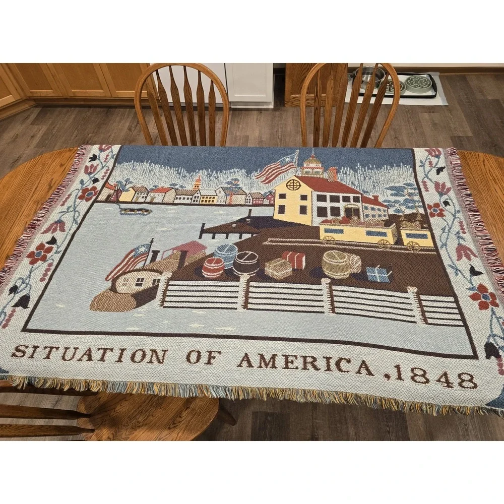 Vintage‎ Situation Of America Throw Blanket Woven American Folk Art Tapestry